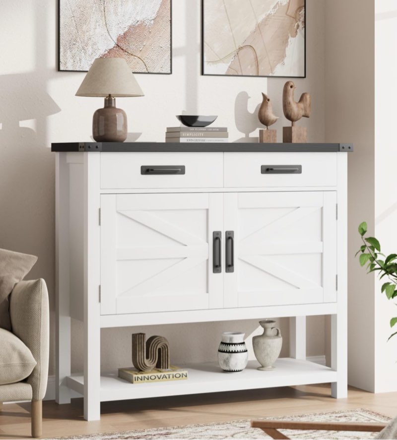 Farmhouse Entryway Table, Console Table with 2-Door Cabinet & 2 Drawers, Coffee Bar Cabinet, Sofa Tables Buffet Sideboard for Kitchen, Hallway, Dining, Living Room-Grey