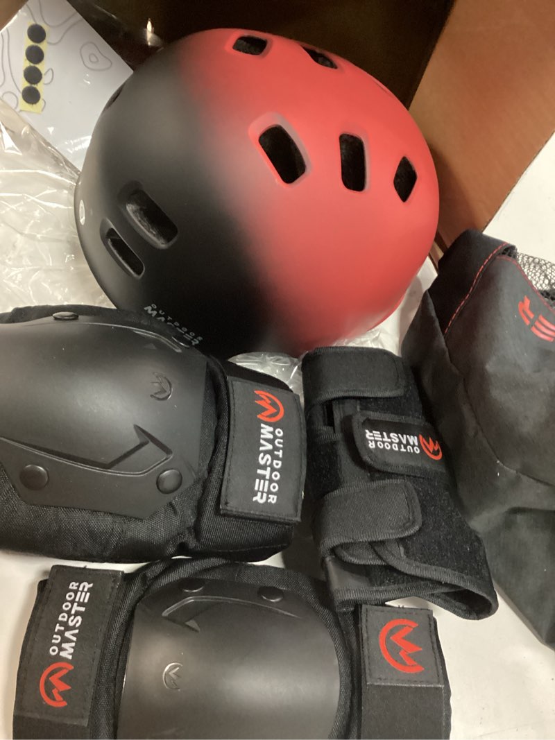 Condition photo showing New/Like New for outdoormaster skate protective gear set for adult & youth, skateboard helmet knee and elbow pads with wrist guards for scooter, inline roller skating, skateboarding red + black m - adult regular