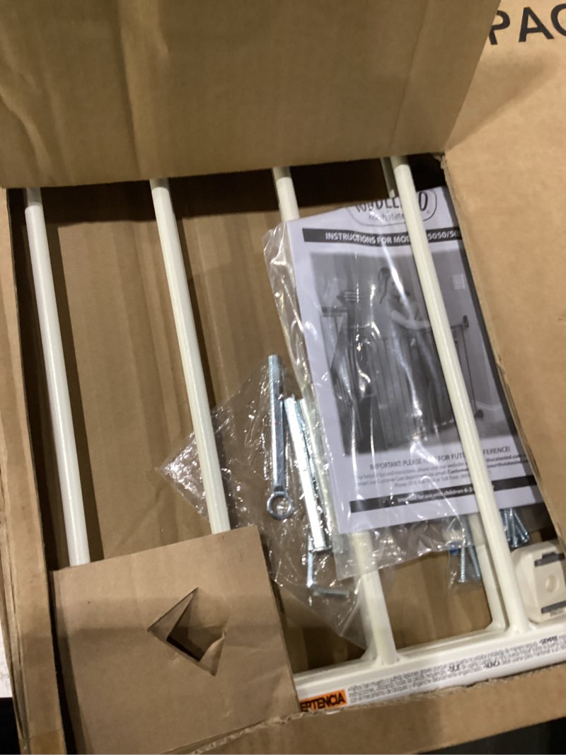 Condition photo showing New/Like New for toddleroo by north states - tall easy swing & lock baby gate series 2: hardware mounted metal safety gate for stairs & doorways - adjustable 28.68 to 47.85 inches wide - 36 inches tall - ivory ivory 36" tall