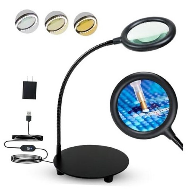 6X Magnifying Glass with Light and Stand, 3 Color Modes Dimmable LED Lighted