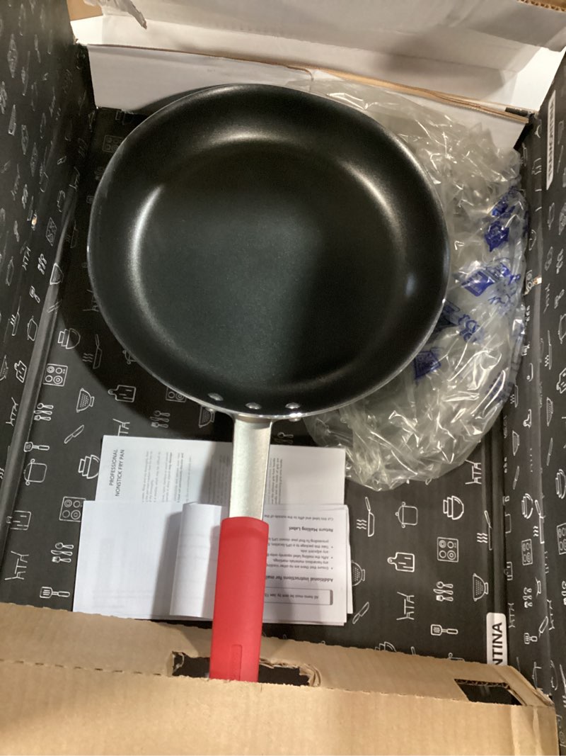 Condition photo showing Good Condition for tramontina professional 12-inch non stick large frying pan, heavy-gauge aluminum skillet with reinforced nonstick coating, red handle, dishwasher and oven safe nonstick (red handle) 12 inch