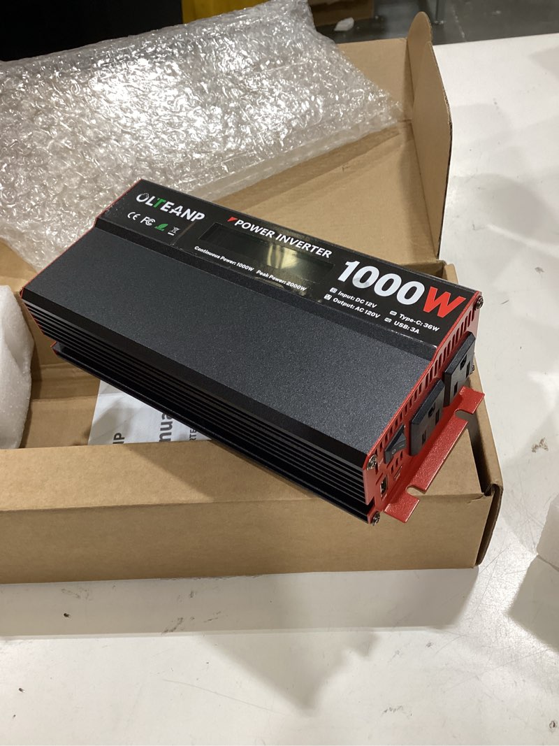 Condition photo showing Good Condition for olteanp 1000 watt power inverter 12v dc to 110v/120v ac car inverter with lcd screen display, 2 ac outlets, 36w type-c port, 5v/3a usb port, car power converter for truck, home, vehicles, laptop, trip 1000w black