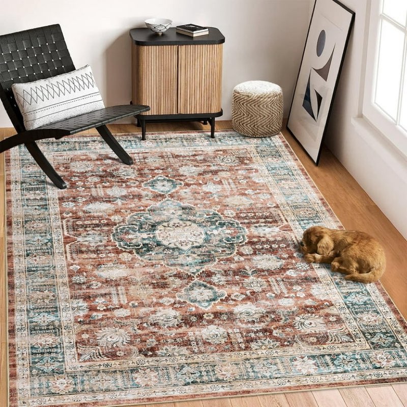 Living Room Washable Rug Vintage Floral Area Rug Soft Indoor Floor Mat Medallion Distressed Print Rug