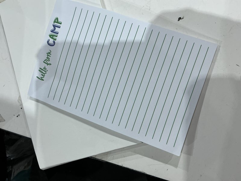 Condition photo showing Good Condition for amazingspark 50 pcs fill in the blank camp notepads for campers stationery for sleepaway lined summer camps 5.5 x 8.5 inches for campers boys and girl(boys hello from camp,green) boys hello from camp green