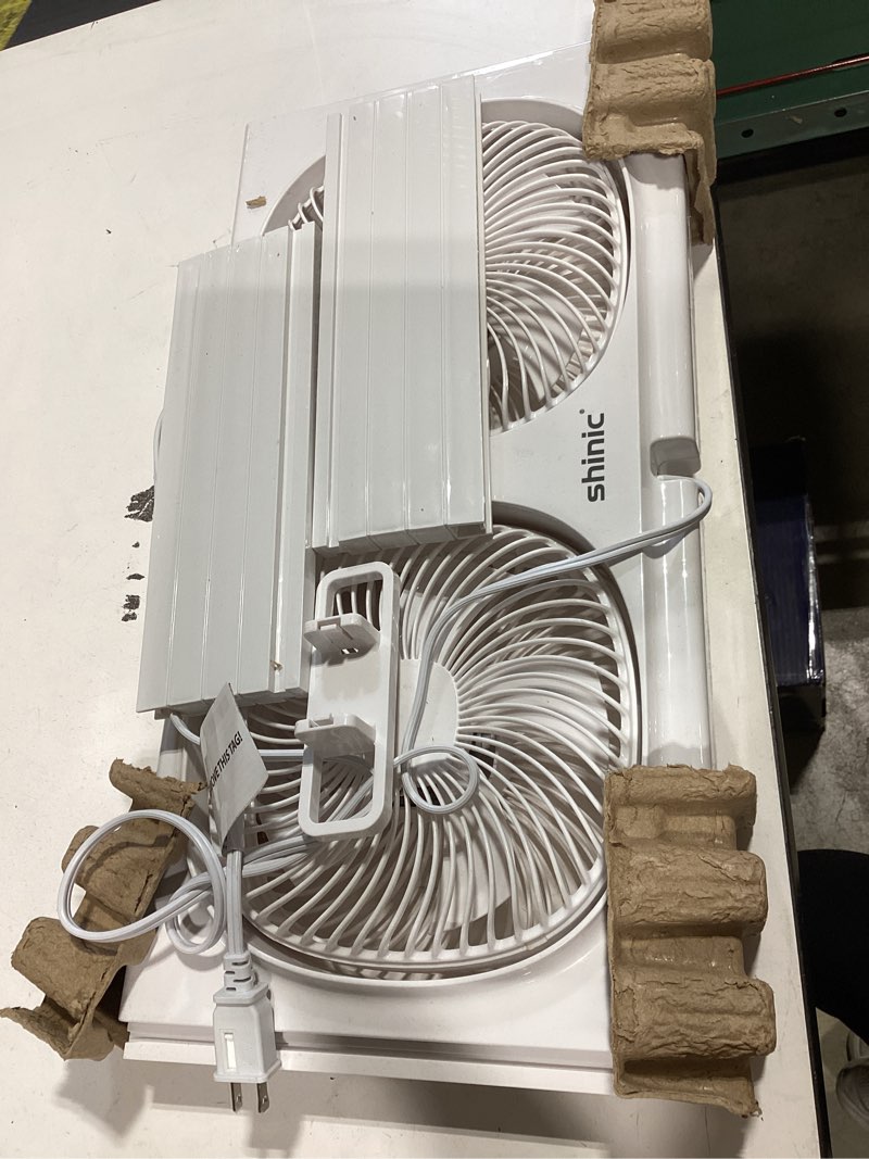 Condition photo showing New/Like New for shinic 9" twin window fan with 180°+90° rotatable fans, 3-speeds, vertical window fan with rigid & accordion expanders, width adjustable (21.65" to 33.27"), ideal for home, kitchen, bedroom, office