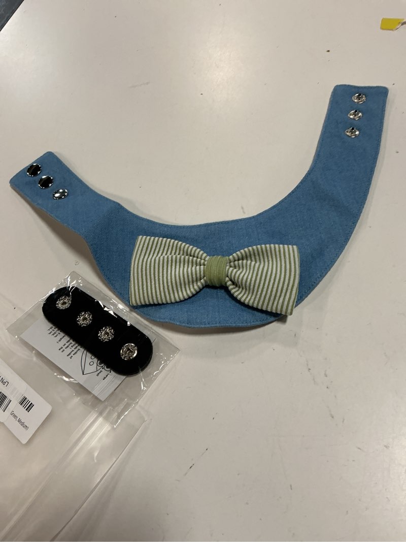 Condition photo showing New/Like New for denim dog bandana – striped bowtie, soft & durable pet scarf with adjustable metal snap buttons for dogs & cats (green, medium) green medium