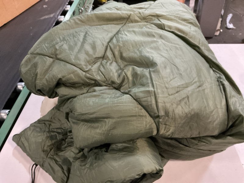 Condition photo showing As Is for amazon basics 40°f cold weather two-person sleeping bag for outdoor camping, queen size xl, 87" x 59", olive green