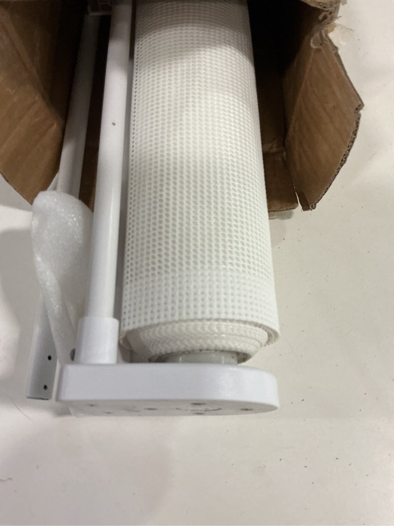 Condition photo showing As Is for 180" Extra Wide Retractable Baby Gates for Large Openings, 42" Extra Tall with Support Rods, Prevent Crawling, Mesh Dog/Pet Gate for Stairs/Doorways, Indoor/Outdoor Use White 42" Tall x 180" Wide