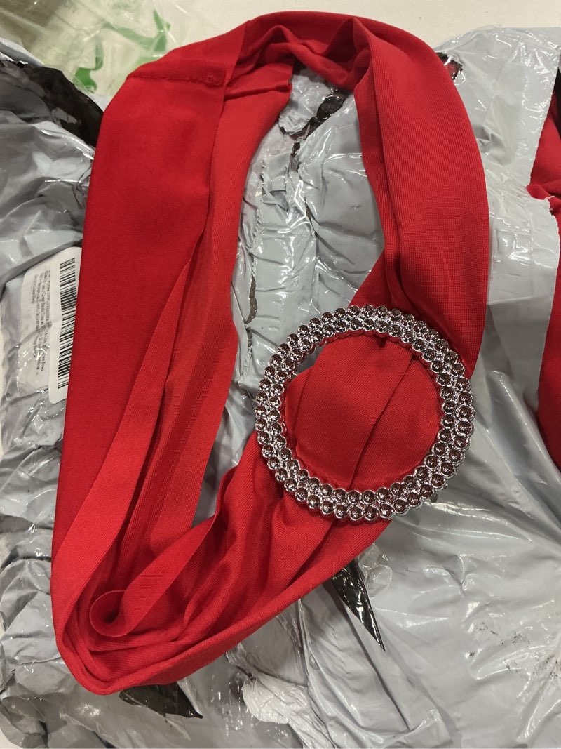 Condition photo showing New/Like New for 100pcs spandex stretch chair sashes bows elastic chair cover bands ties with buckle slider for wedding party reception events universal ceremony banquet decorations(red) red 100 pcs