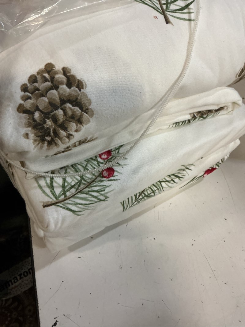 Condition photo showing New/Like New for tribeca living pine cones and berries cal king portuguese flannel sheet set | 100% cotton flannel, ultra soft, 4-piece set, extra-deep pocket fits mattresses up to 21 inches, machine washable pine cones and berries california king