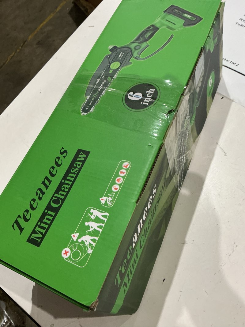 Condition photo showing As Is for inch cordless mini chainsaw, 880w, small chainsaw with automatic oiler, 2 batteries and 3 chains for tree pruning and wood cutting, gift for men, dad, husband. brand: teeanees