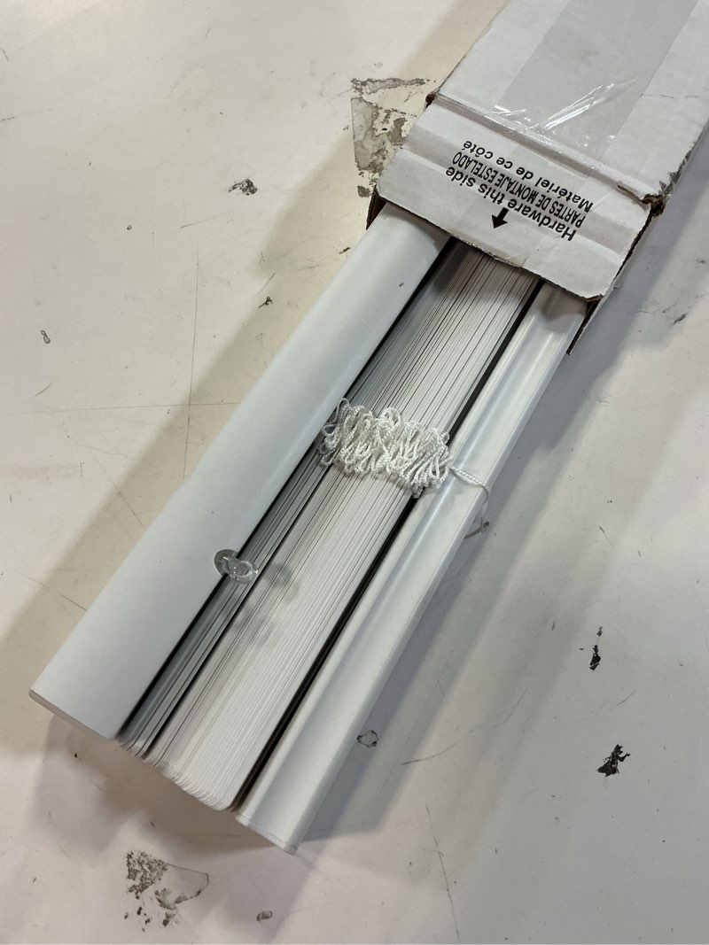 Condition photo showing As Is for project source light filtering 1-in slat width 30-in x 64-in cordless white vinyl light filtering mini-blinds