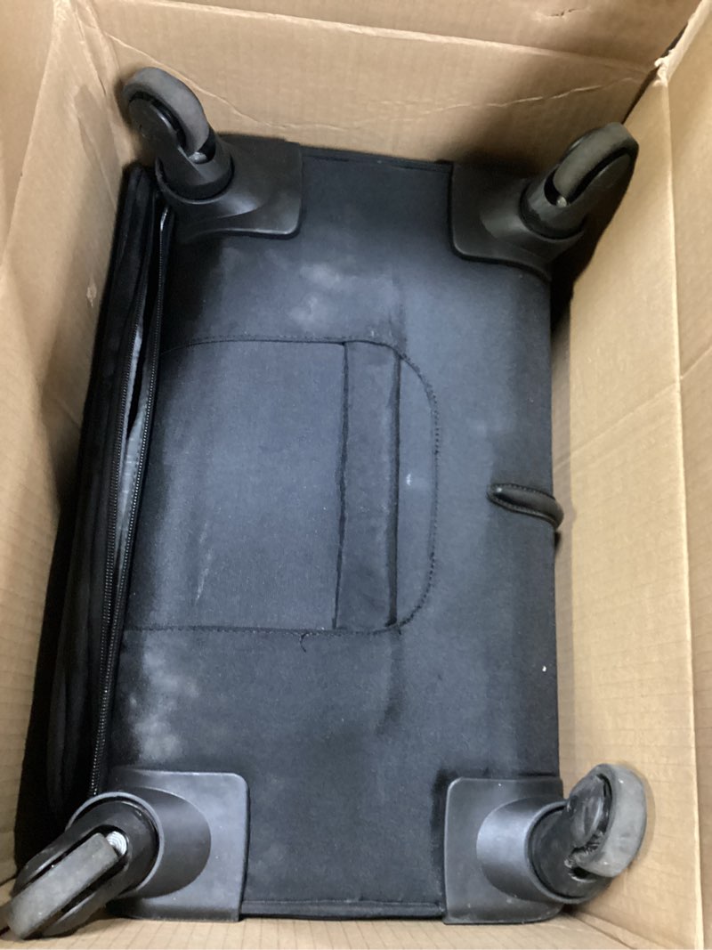 Condition photo showing As Is for amazon basics 28" large checked softside expandable suitcase with 360-degree multi-directional spinner wheels, expandable capacity, zippered pockets, telescoping handle, black black 28? large checked