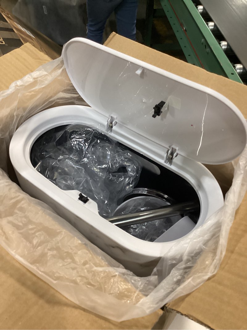 Condition photo showing Good Condition for Bathroom Accessories Set, 9-Piece Marble White Bathroom Set, White Bathroom Accessories with Slim Trash Can, Soap Dispenser, Toilet Brush, Toothbrush Set, Qtip Holders White Marble Bath Set