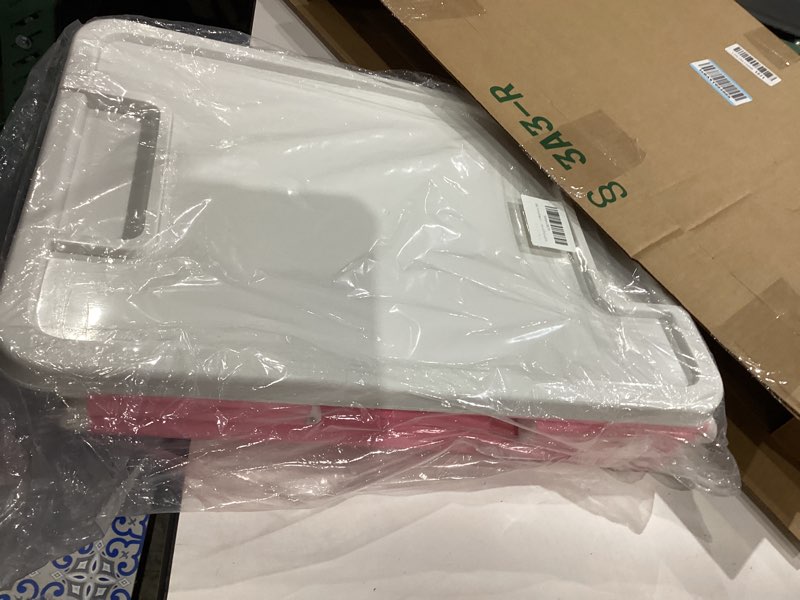 Condition photo showing Good Condition for 56 quart ultra latch box large storage bins waterproof utility tote organizing container box with buckle lid collapsible clear plastic storage box for clothes and bedding pink