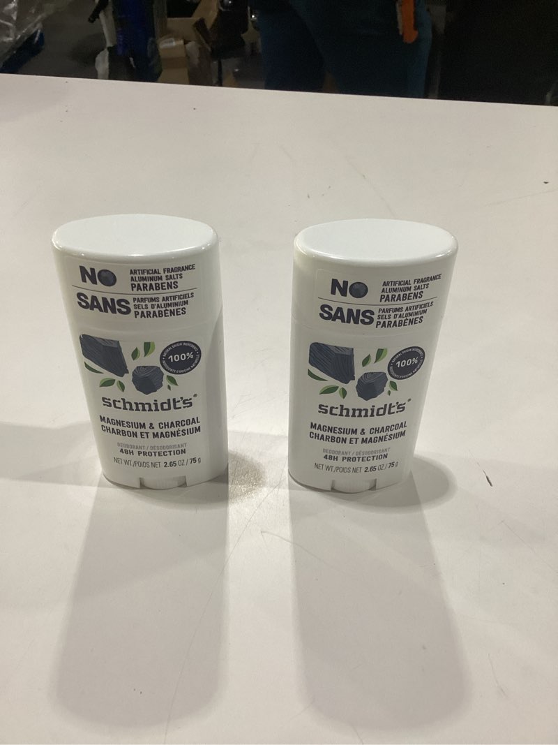 Condition photo showing New/Like New for schmidt's aluminum-free vegan deodorant charcoal & magnesium with 48 hour odor protection, 2 count for women and men, natural ingredients, cruelty-free, 2.65 oz, pack of 2