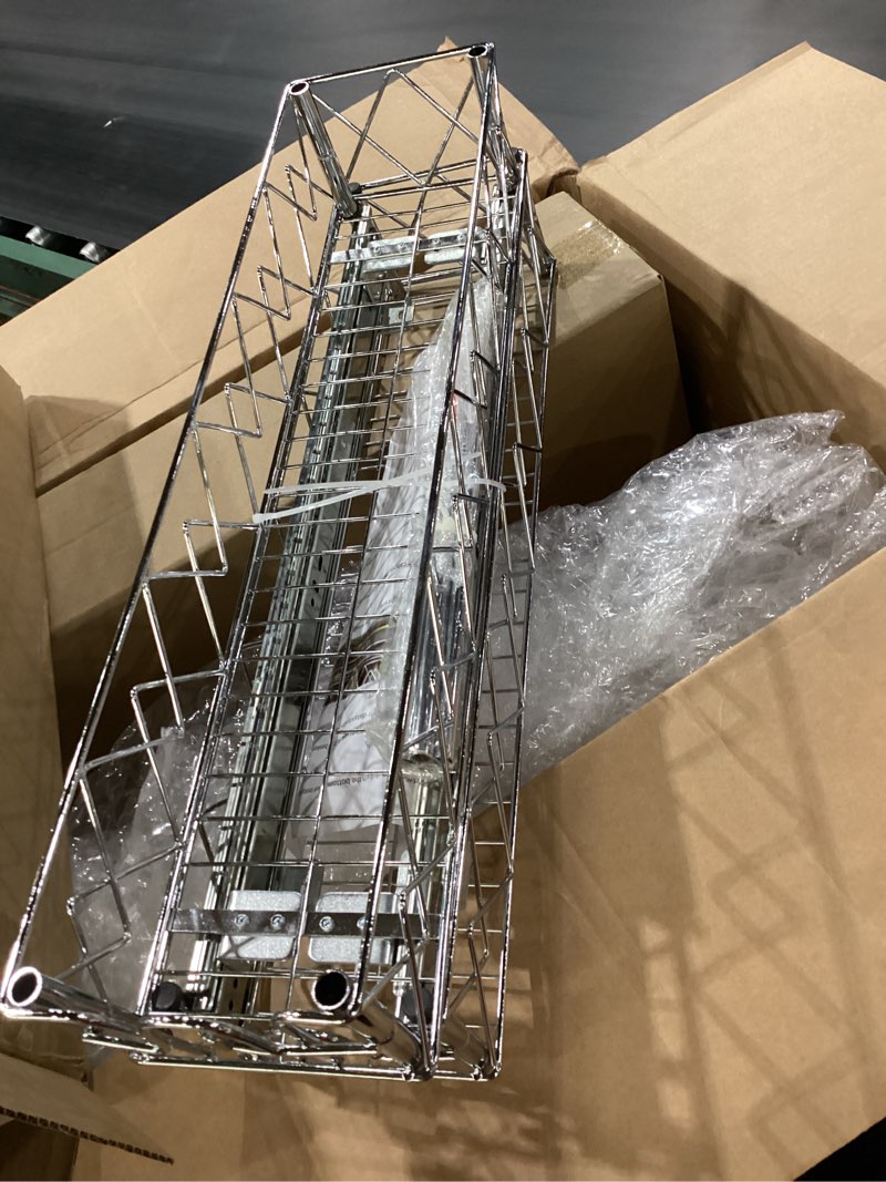Condition photo showing New/Like New for narrow pull out cabinet organizer - 5" w x 21" d, 2-tier kitchen cabinet drawer slide out shelves, chrome