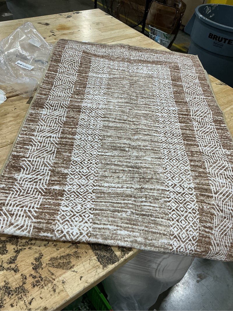 Condition photo showing Good Condition for garveehome 2x6 modern bordered runner rug soft non slip runner washable non shedding floor carpet, distressed geometric hallway runner, indoor printed runner for kitchen, entrance, brown brown 2' x 6' (runner)