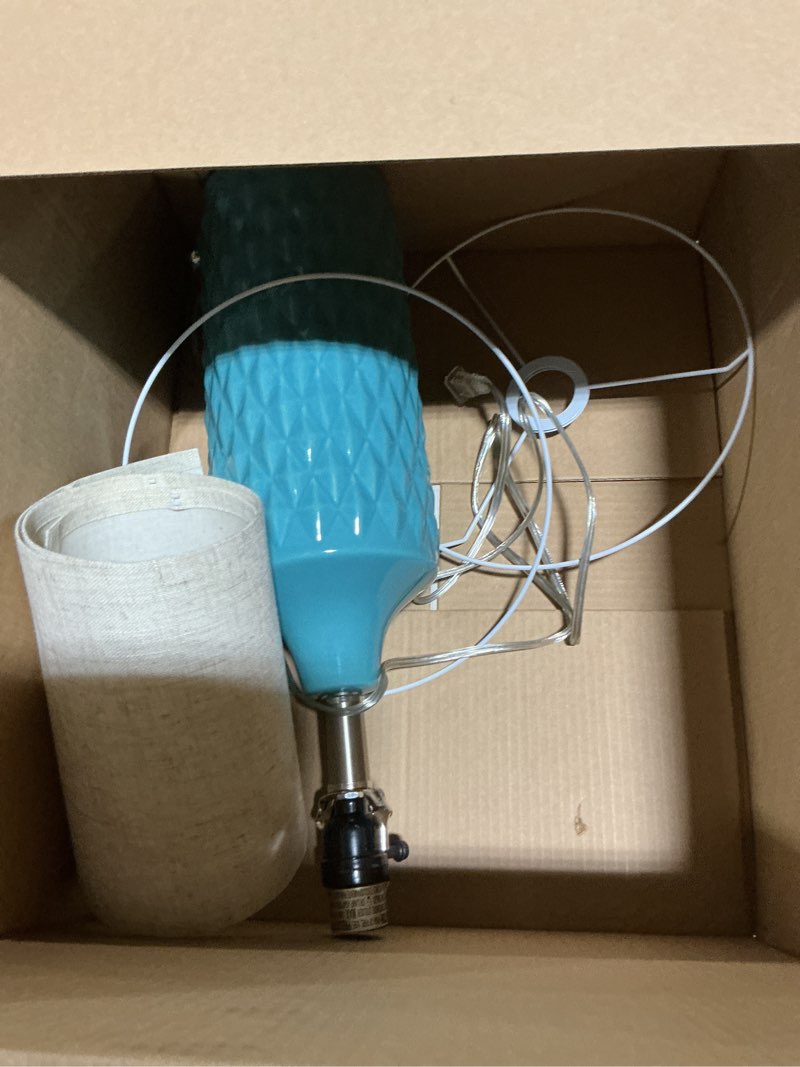 Condition photo showing Good Condition for Catalina Lighting 19970-000 Modern Quilted Ceramic Table Lamp with Linen Drum Shade, 26.5", Classic Aqua Blue