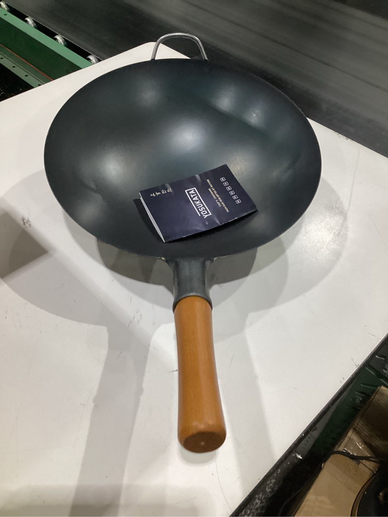 Condition photo showing Good Condition for YOSUKATA 14" Carbon Steel Wok with Round Bottom – Pre-Seasoned Pow Wok for Stir Fry – Traditional Chinese Japanese Black Steel Pan – Outdoor Cookware for Gas Stovetops, Open Fire, BBQ, Camping