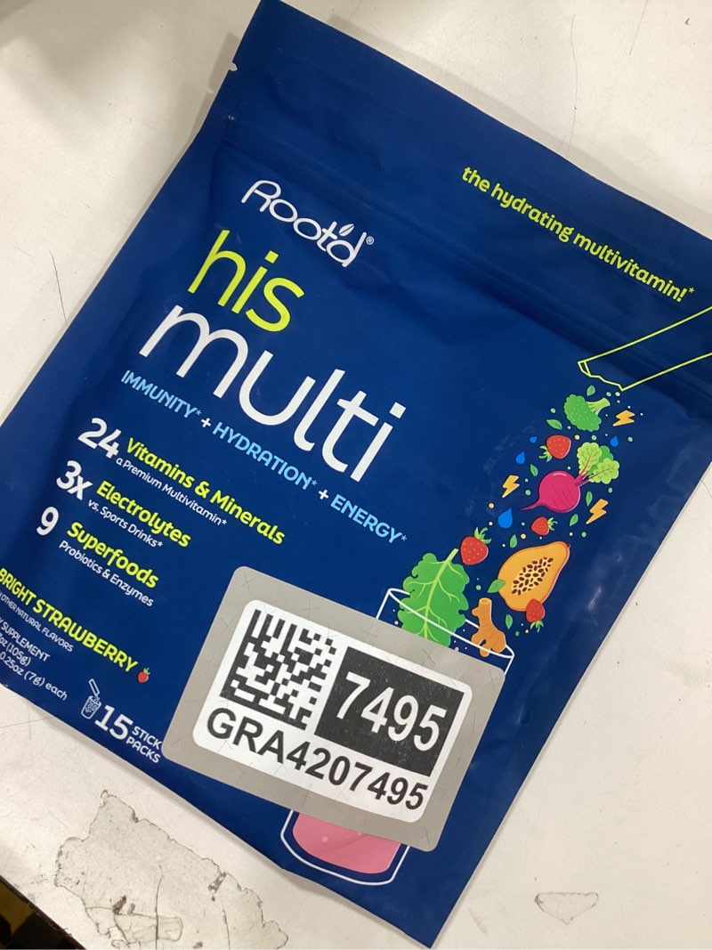 Condition photo showing Good Condition for root'd multivitamin powder for men - 24 vitamins & minerals with 3x electrolytes, 9 organic superfoods, probiotics & enzymes, sugar-free multivitamin & hydration | 15 vitamin drink mix packets 0.22 ounce (pack of 15) his (bright strawberry)