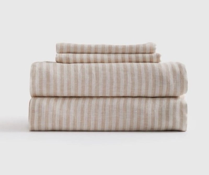 Quince European Linen Sheet Set Natural White Stripe 4 Piece QUEEN