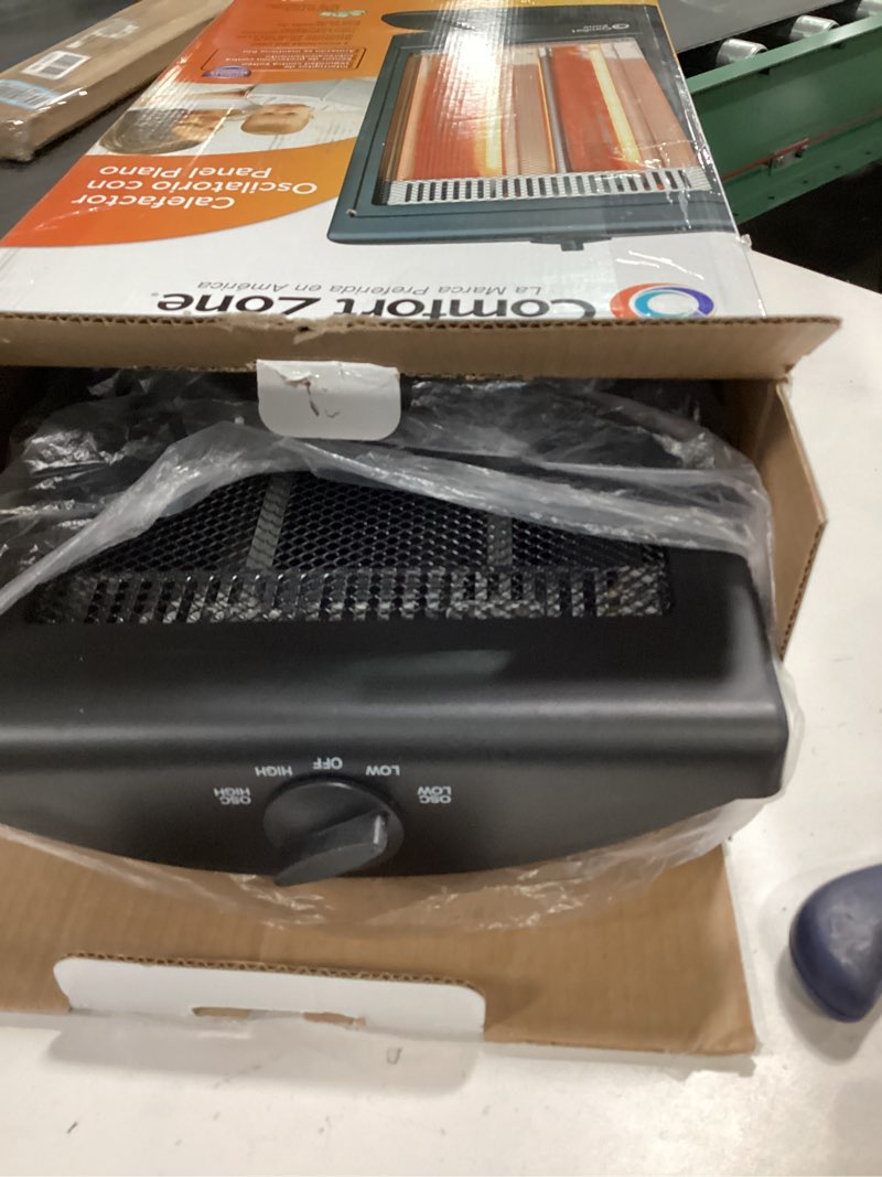 Condition photo showing As Is for comfort zone oscillating portable space heater, flat panel, halogen, infrared, electric, adjustable tilt, overheat sensor, stay-cool, & tip-over switch, ideal for home, bedroom, & office, 800w, czhtv9
