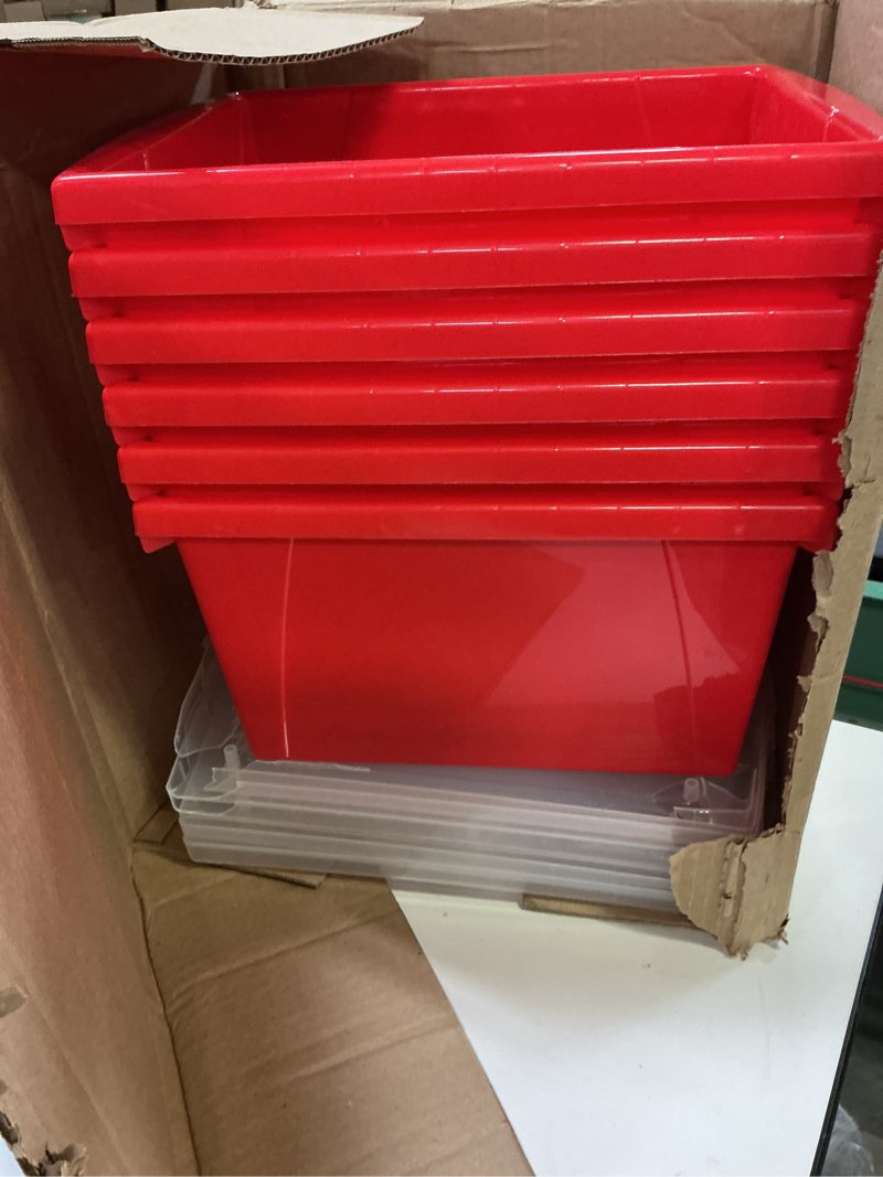 Condition photo showing As Is for Storex 4 Gallon Storage Bin with Lid – Plastic Classroom Organizer for Books and Supplies, Red, 6-Pack (61411U06C) 4 Gallon with Lid 6-Pack Red