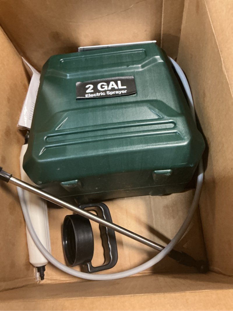 Condition photo showing As Is for battery powered sprayer 2 gallon, powerful electric garden sprayer with 3 mist nozzles, usb rechargeable handle, retractable wand and adjustable shoulder strap for irrigation, weeding(green)