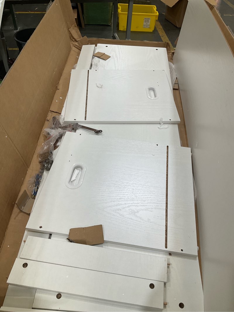 Condition photo showing As Is for 55.1” storage bench, extra large entryway bench with storage,storage chest with 2 safety hinges,blanket storage,shoe storage chest for bedroom,living room,easy assembly. (white) 55.1" l × 15.7" w × 19.1" h white