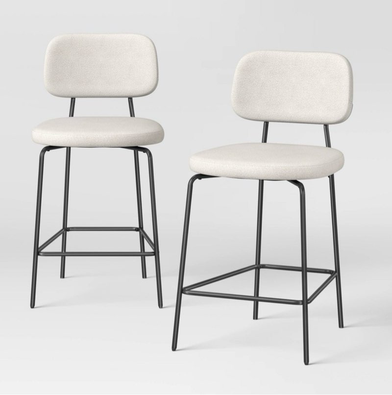 set of 2 24" upholstered with metal base counter height barstool with footrest cream boucle - room essentials