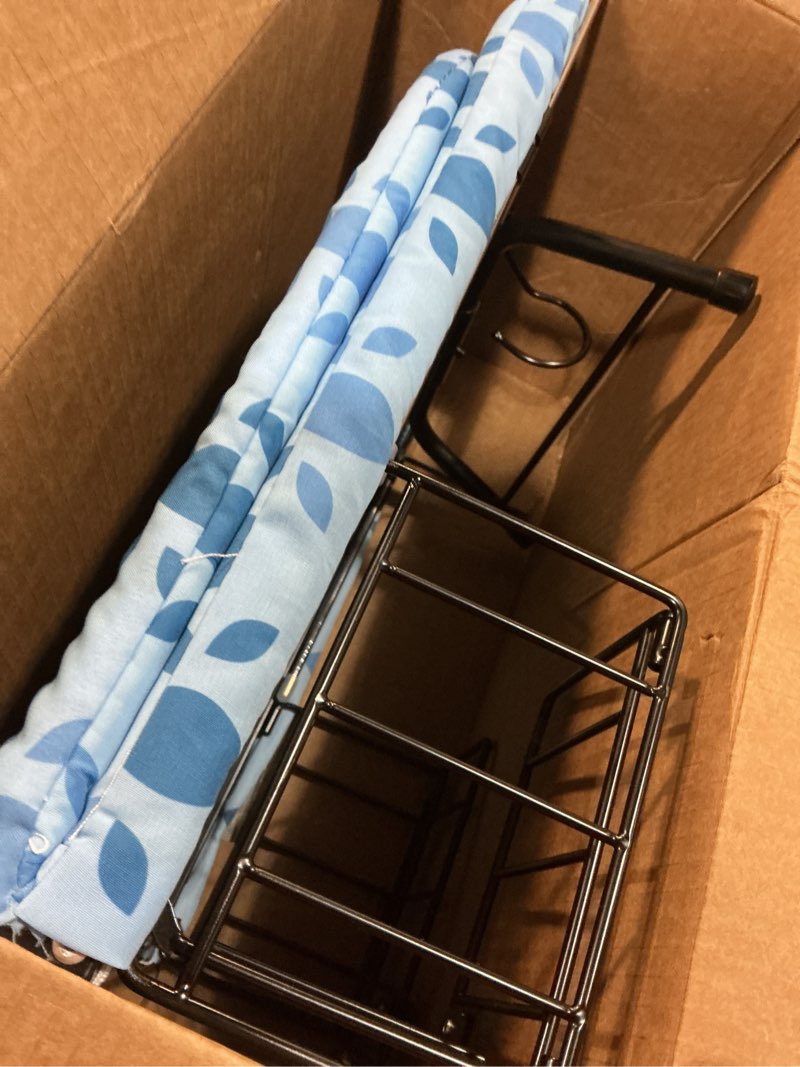 Condition photo showing New/Like New for small ironing board tabletop with iron holder, foldable mini iron board with iron rest, hook for wall/door hanging, dirt & heat resistant cover, portable for home apartment travel laundry room sewing blue