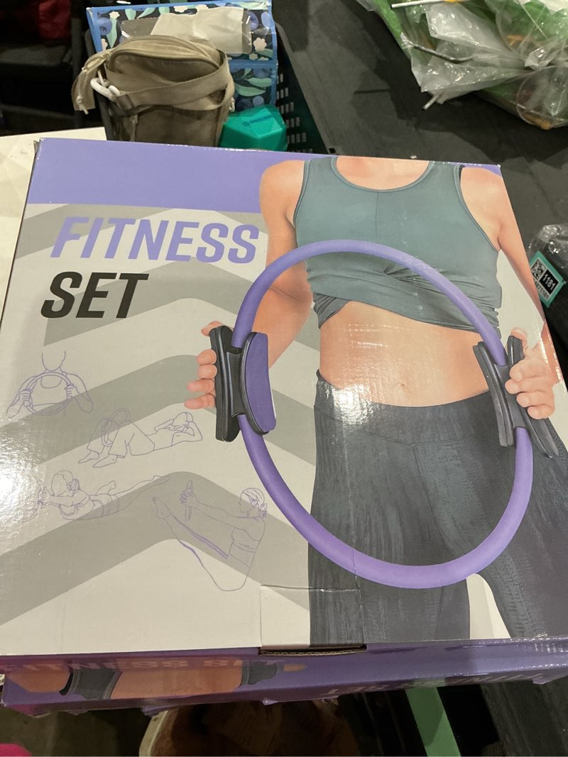 Condition photo showing New/Like New for home workout pilates kit for women, better me pilates ring and ball set essentials equipment, with 5 resistance bands, massager roller, yoga starter accessories for toning arms, thighs & core purple -14 pcs