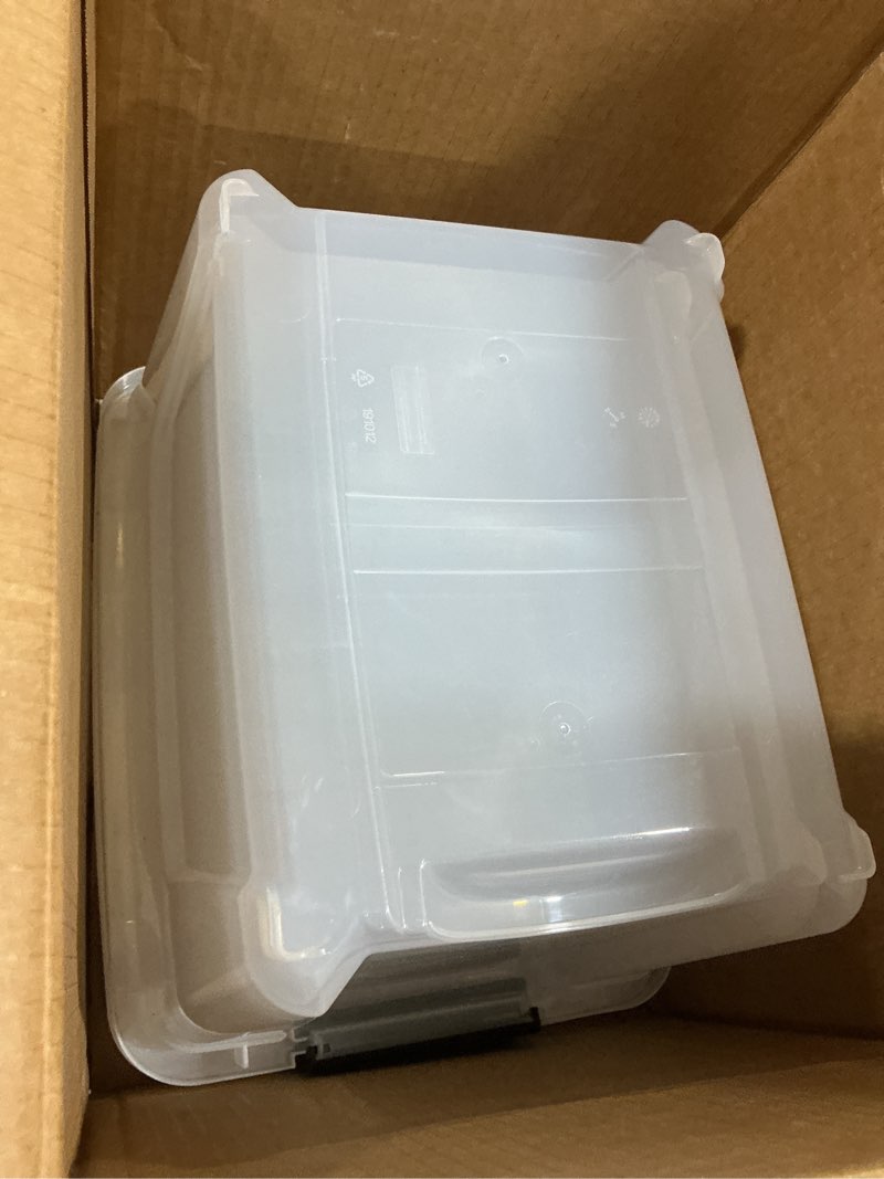Condition photo showing Good Condition for IRIS USA 19 QT Plastic Storage Box with Lid and Latches - 4 Pack - BPA-Free, See-Through Organizing Solution, Durable Nestable Stackable Containers, Secure Pull Handle - Clear Clear 19 Qt 4 Pack