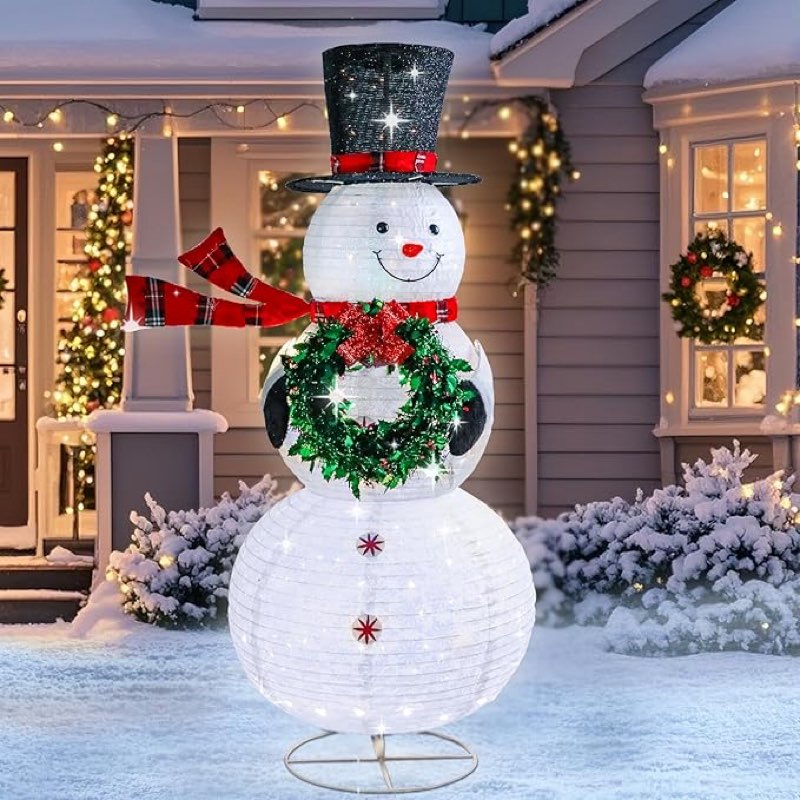 MUMTOP Outdoor Snowman Lighted, 6FT 200 LED Lights Pop-Up Snowman Christmas Decoration, Light Up Collapsible Snowman with Hat, Scarf and Wreath for Holiday, Party, Yard Indoor Home Decor Gift