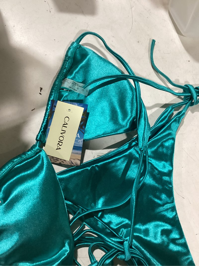 Condition photo showing New/Like New for women’s shiny satin sliding triangle bikini set halter two piece swimsuit side tie low rise bathing suit