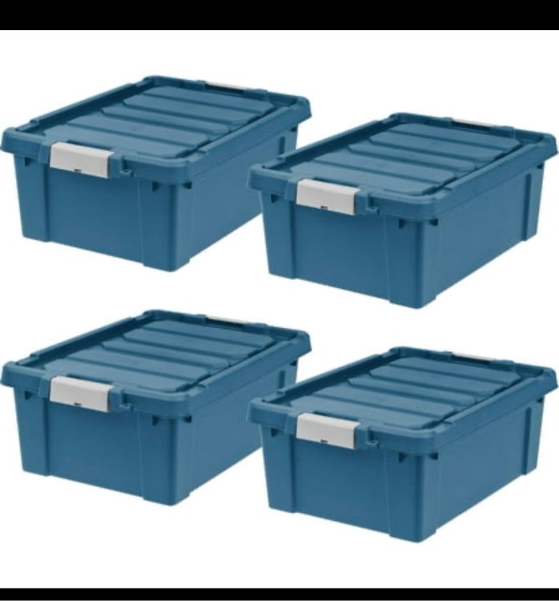 IRIS USA 4 Pack 11.75 Gallon Lockable Storage Totes with Lids  Heavy-Duty Stackable Containers  Garage Organizing Bins Moving Tubs  Navy