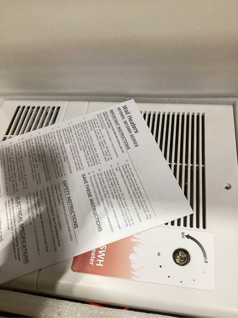 Condition photo showing New/Like New for 9815WH Large Capacity Electric Wall Heater with Built-in Adjustable Thermostat and Silent Motor, Overheat Protection, 1500 Watts, 120/240 Volts, White