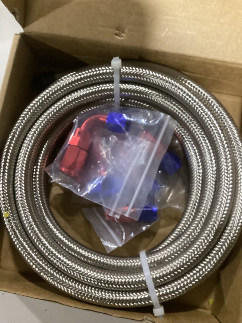 Condition photo showing New/Like New for 12FT 6AN Fuel Line Hose AN6 3/8" Silver Stainless Steel Braided CPE Tube Oil Fuel Gas Hose w/ 6 pcs Fitting Connectors Red & Blue