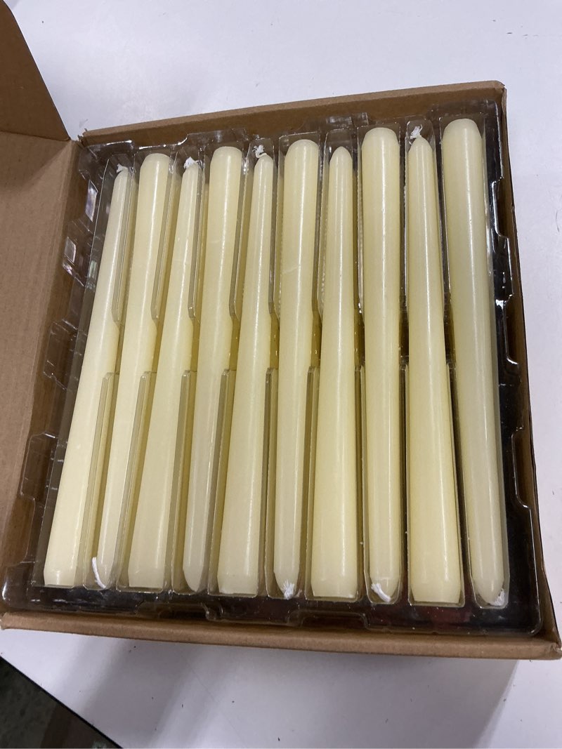 Condition photo showing New/Like New for 50 pack ivory taper candles 10 inch - classic soft white dinner candles, dripless unscented premium wax with cotton wick, 8-hour burn time for wedding, vintage & formal table decor 10"50pcs-ivory