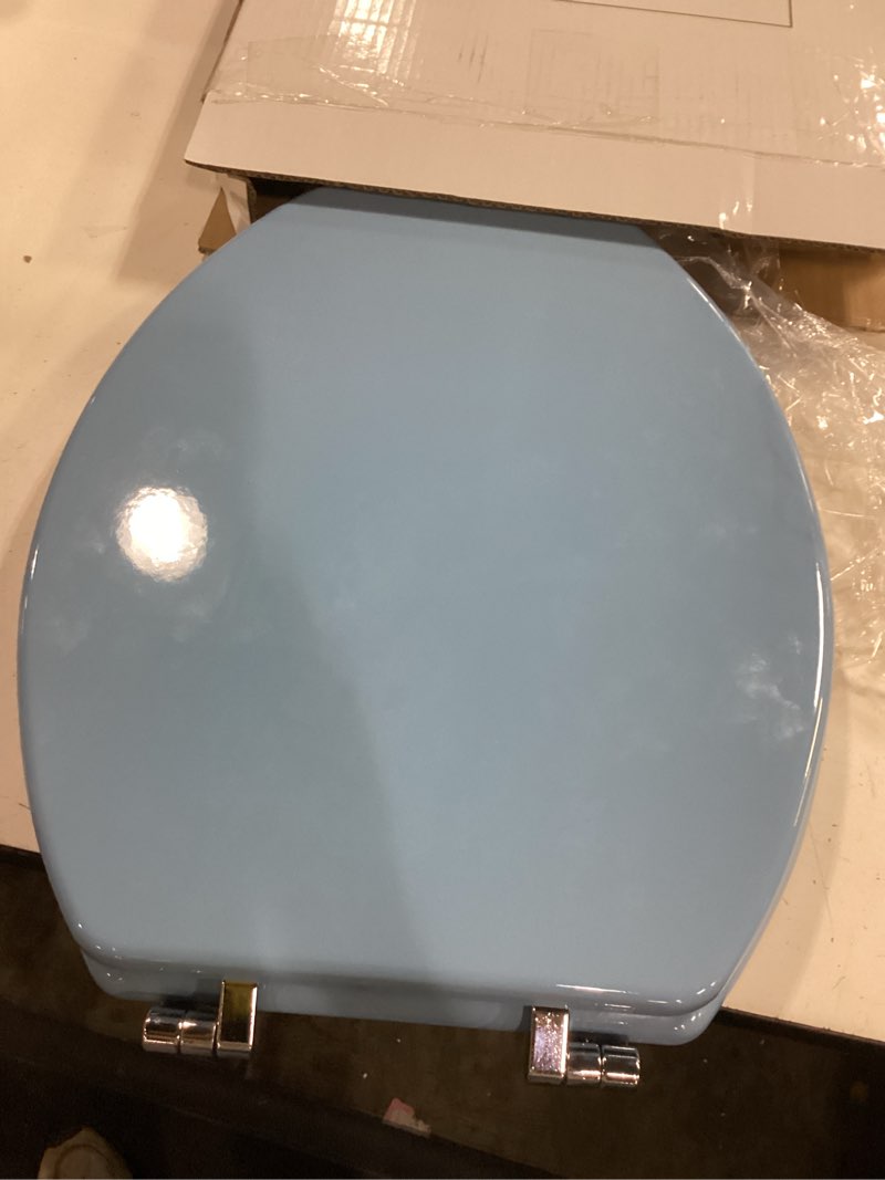 Condition photo showing Good Condition for blue elongated toilet seat natural wood toilet seat with zinc alloy hinges, easy to install also easy to clean, scratch resistant toilet seat by angol shiold (elongated, blue) elongated blue