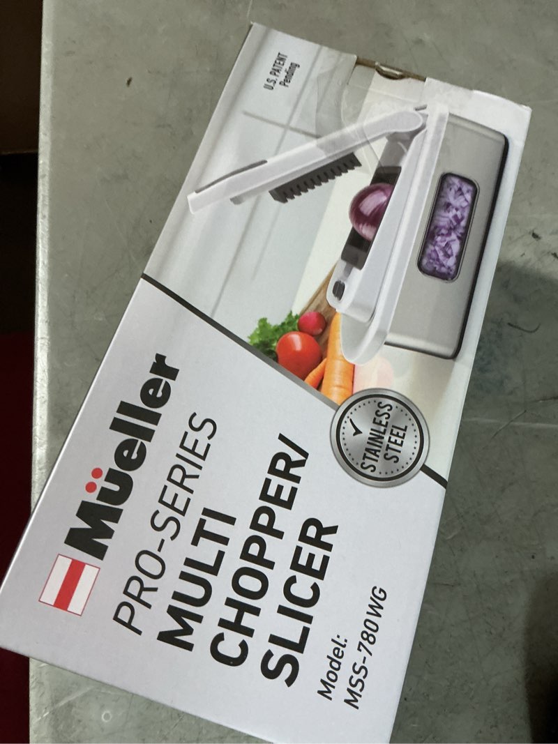 Condition photo showing New/Like New for mueller pro-series 10-in-1, 8 blade stainless steel multi vegetable chopper and mandoline slicer, kitchen accessories and essentials, food and veggie chopper, mincer, dicer, white sand/grey 8 blade stainless steel white sand/grey