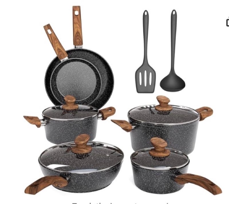maison arts pots and pans set non stick, 12 piece black granite kitchen cookware induction compatible, pot and pan sets for cooking nonstick