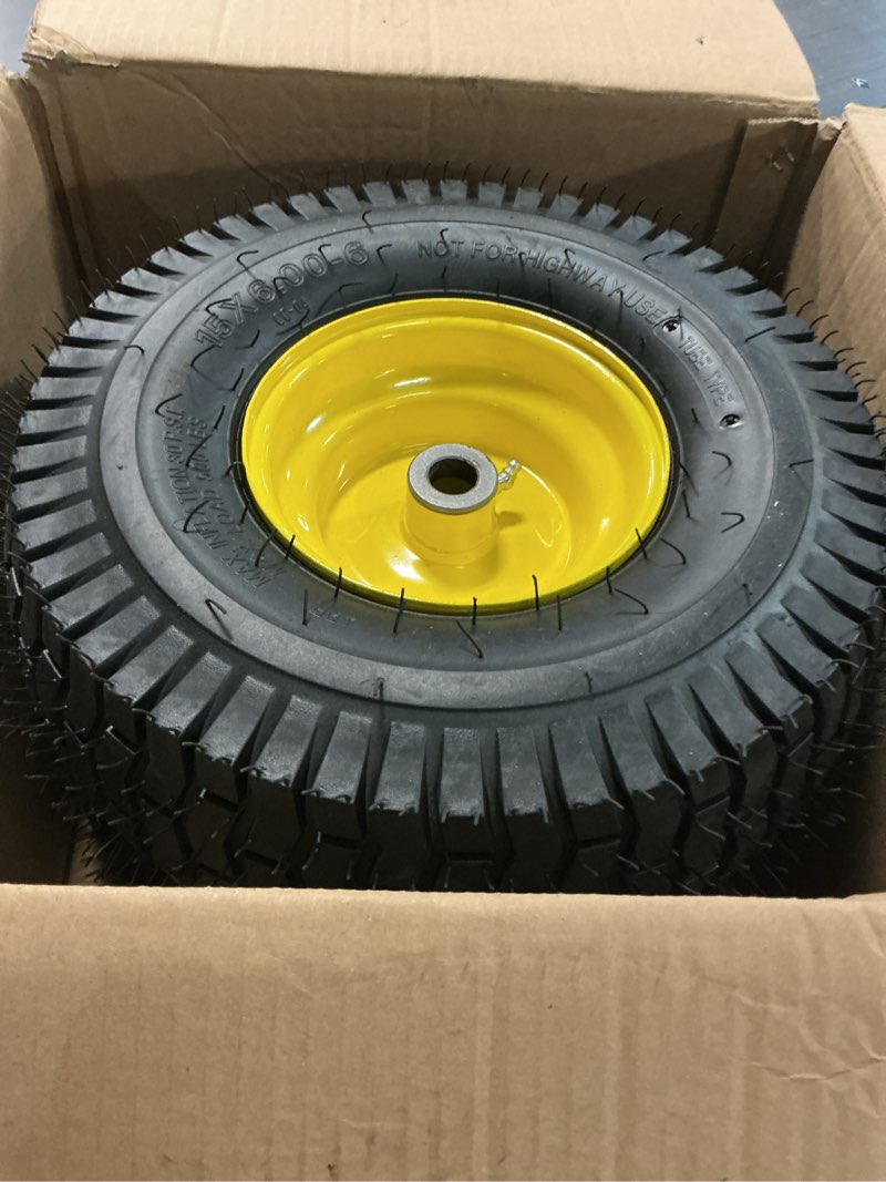 Condition photo showing Good Condition for ar-pro exact replacement 15" x 6.00-6" front tire and wheel assemblies compatible with john deere riding mowers 100 and d100 series - 3" centered hub and 3/4" bushings, 4ply pneumatic (set of 2) 15 x 6.00-6" pneumatic (centered hub) yellow