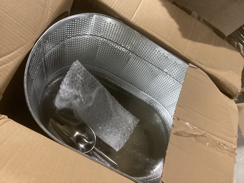 Condition photo showing Good Condition for 18” stainless steel beverage tub - 5 gallon - gold handles & shovel included - holds 30 bottles & stays cold for hours - use as wine bottle chiller to beer bucket holder - leak proof (silver)