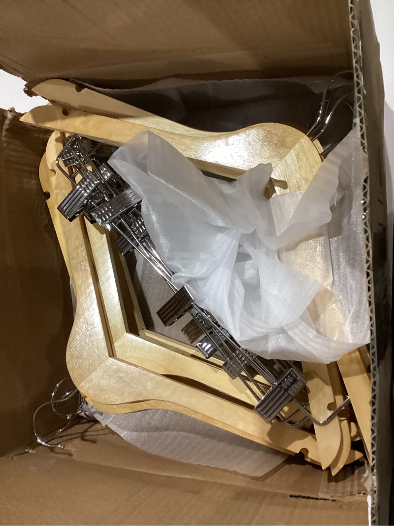 Condition photo showing Good Condition for HOUSE DAY 12 Pack High-Grade Wooden Suit Hangers Skirt Hangers with Clips Solid Wood Pants Hanger Natural Smooth Finish Premium Wood Hanger with Durable Metal Clips for Blouse, Dress, Coat, Jacket Natural 12 Pack