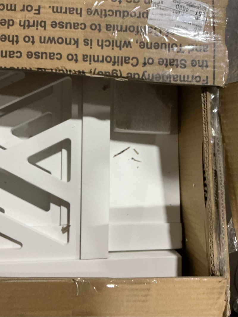 Condition photo showing As Is for Coventry 32 in. Wood Console Table with Drawer, Shelf, and Unique Open-detailing for Traditional, Contemporary Living Room Decor, Perfect for TV Stand, Sofa Table, Dining Storage White