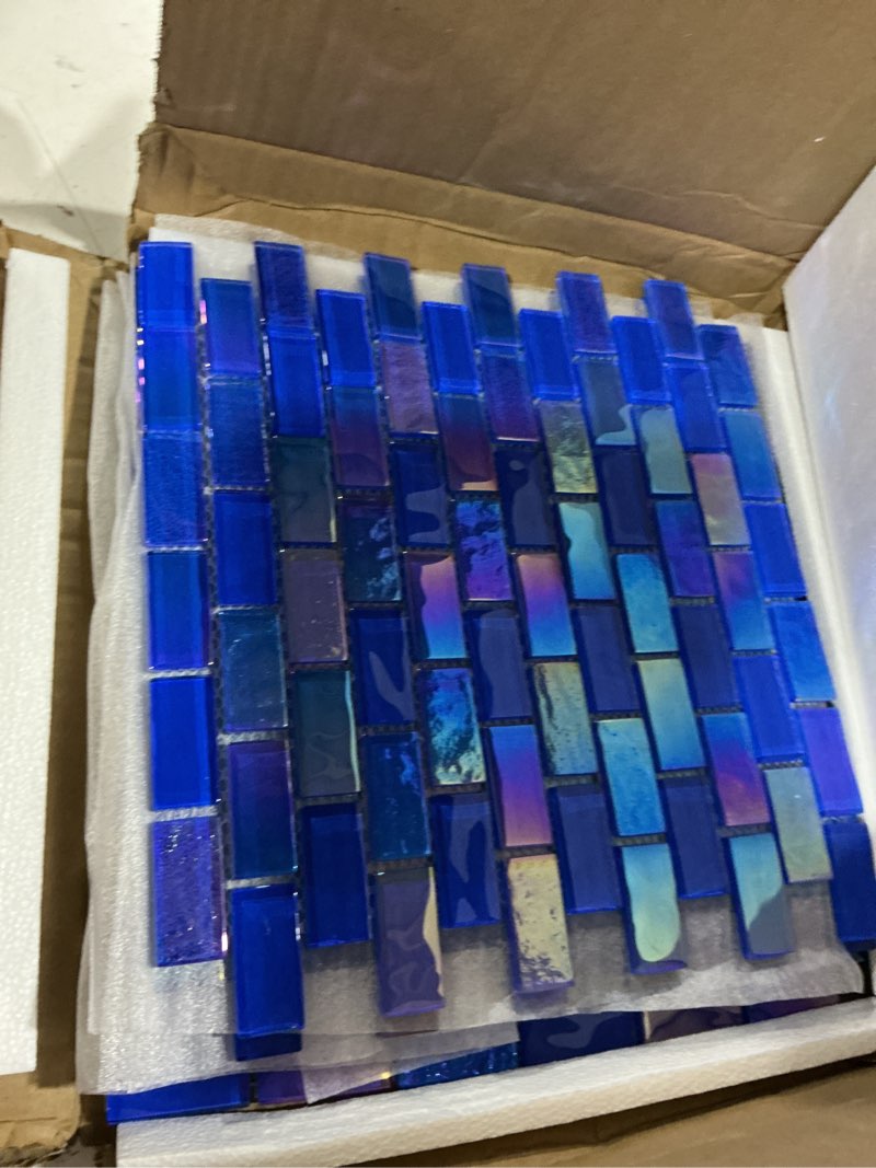 Condition photo showing Good Condition for blue glass mosaic tile backsplash 12 x 12 inch for swimming pool kitchen bathroom backsplash shower waterline fountain spa wall(5-pack, 5 sq.ft.) 12x12 inch iridescent blue