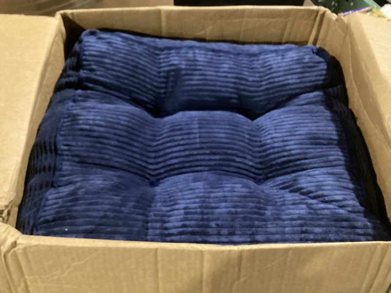 Condition photo showing Good Condition for HIGOGOGO Square Stuffed Pouf Ottoman, Corduroy Poufs with Foam Chunk Filling, Furry and Fluffy Pouf Foot Stool Storage Ottoman, 21 X 21 Floor Poufs Foot Rest for Living Room, Navy 21.6 Inch Navy