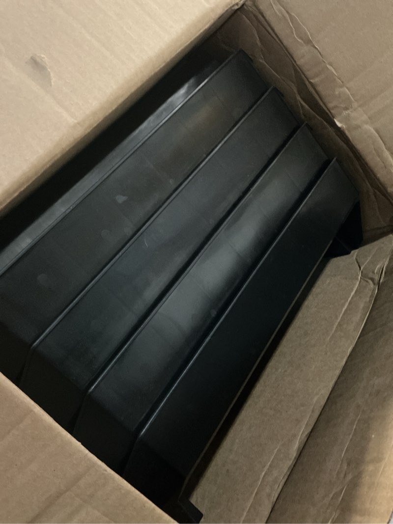 Condition photo showing Good Condition for plastic containers for organizing and storage bins for closet, kitchen, office, garage or pantry organization, stackable bins, extra large (14.8" x 16.5" x 7"), 4-pack, black black extra large, 4-pack